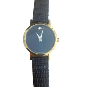 Authentic Vintage Movado Woman’s Swiss Black and Gold Watch Genuine Royal Lizard